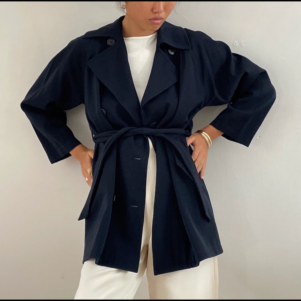 100% Wool Usa Union Label! Vintage Woolmark Saks Belted Trench Coat Perry Ellis